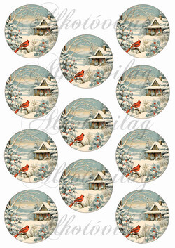 Vintage téli táj házikóval, kismadárral - 6,5 cm körökben