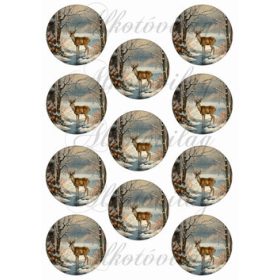 Vintage téli táj szarvassal - 6,5 cm körökben