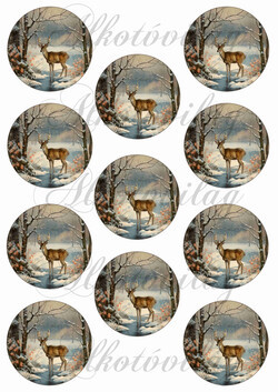 Vintage téli táj szarvassal - 6,5 cm körökben