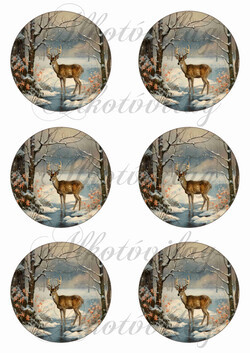 Vintage téli táj szarvassal - 8,5 cm körökben