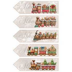   Könyvjelzők mézeskalács vonatokkal drapp hópelyhes alapon - 18,5 x 5 cm