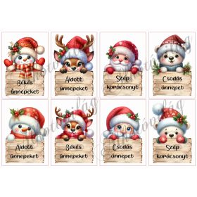   Hóemberke, szarvas, mikulás, mackó táblákkal és feliratokkal 10 x 7 cm-es tégnalapokon