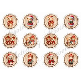 Mackók mikulássapkában fa korongokon -6 cm-es körökben