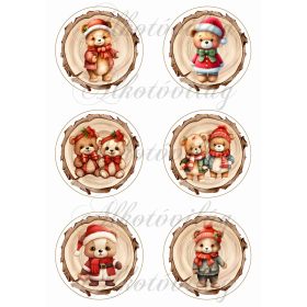   Mackók mikulássapkában fa korongokon -8,5 cm-es körökben