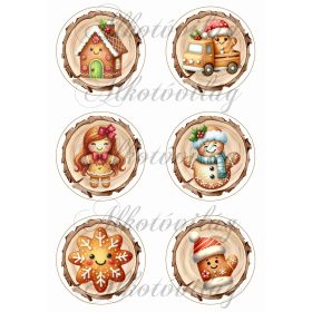   Mosolygós mézeskalács díszek fa korongokon -8,5 cm-es körökben