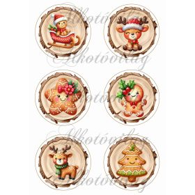   Mosolygós mézeskalács díszek fa korongokon 2 -8,5 cm-es körökben