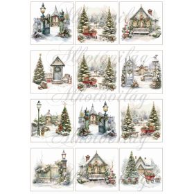   Kártyák vintage karácsonyi mintákkal - téli tájak - 6,5 x 6,5 cm