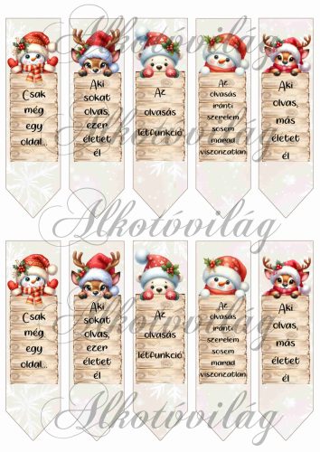 Könyvjelzők táblát tartó cuki figurákkal és idézetekkel - szarvas, hóember, maci - 13 x 3,7 cm