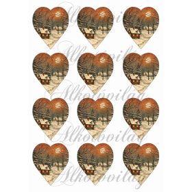 Szívek karácsonyi havas táj mintával - 6,5 cm magas