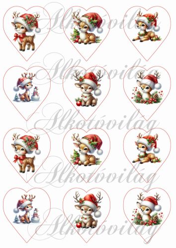 Tüneményes szarvaskák mikulássapkában - 6,5 cm magas szíveken