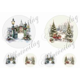   Vintage karácsonyi falurészlet 13 és 5,5 cm átmérőjű kör alapokon