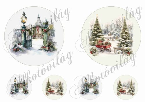 Vintage karácsonyi falurészlet 13 és 5,5 cm átmérőjű kör alapokon
