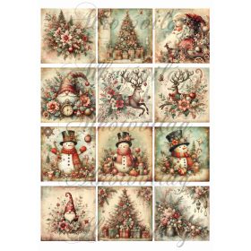   Vintage kártyák karácsonyi mintákkal - mikulás, karácsonyfa, manó, szarvas, hóember - 6,5 x 6,5 cm