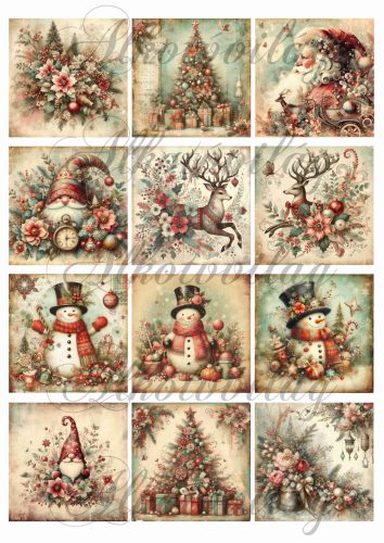 Vintage kártyák karácsonyi mintákkal - mikulás, karácsonyfa, manó, szarvas, hóember - 6,5 x 6,5 cm