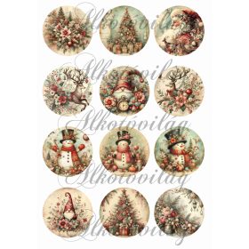   Vintage körök karácsonyi mintákkal - mikulás, karácsonyfa, manó, szarvas, hóember - 6 cm