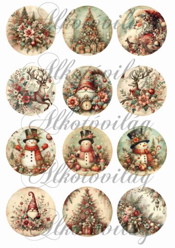 Vintage körök karácsonyi mintákkal - mikulás, karácsonyfa, manó, szarvas, hóember - 6 cm