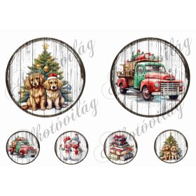   Vintage körök kutyusokkal és karácsonyi autóval 13 és 5,5 cm átmérőjű