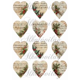 Vintage szívek kottával, fagyallal - 6,5 cm magas