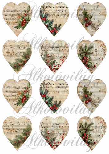 Vintage szívek kottával, fagyallal - 6,5 cm magas