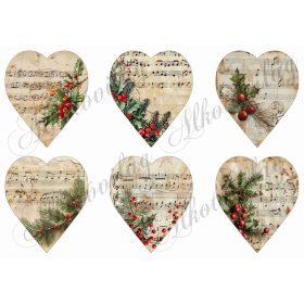 Vintage szívek kottával, magyallal - 9 cm magas