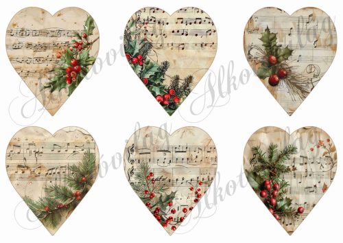 Vintage szívek kottával, magyallal - 9 cm magas