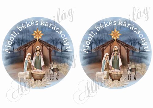 Betlehemi képek 14 cm-es körökben - ÁLDOTT, BÉKÉS KARÁCSONYT felirattal