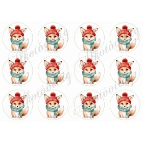   Cuki rókák piros sapkában és zöld sálban - 6,5 cm-es körökben