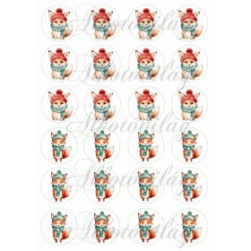   Cuki rókák piros-zöld sapkában és zöld sálban - 4 cm-es körökben