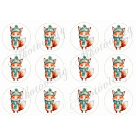   Cuki rókák zöld sapkában és zöld sálban - 6,5 cm-es körökben