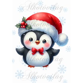   Párnablokk - vászontáska blokk - Cuki mosolygós pingvin mikulássapkában piros bogyós magyal dísszel