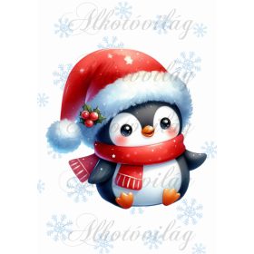   Párnablokk - vászontáska blokk - Cuki pingvin mikulássapkában piros bogyós magyal dísszel