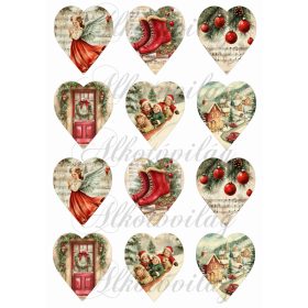   Vintage szívek karácsonyi mintákkal - korcsolya, angyal, ajtó, falu, gyerekek - 6,5 cm magas