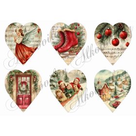   Vintage szívek karácsonyi mintákkal - korcsolya, angyal, ajtó, falu, gyerekek - 9 cm magas