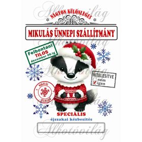   Mikulászsák cuki borz piros pöttyös ruhában, sapkában - december 06-ra