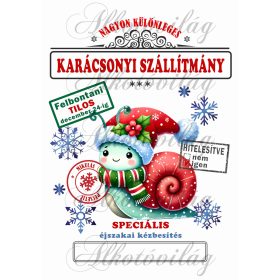   Mikulászsák cuki csiga, piros házzal, karácsonyi ruhában - december 24-re