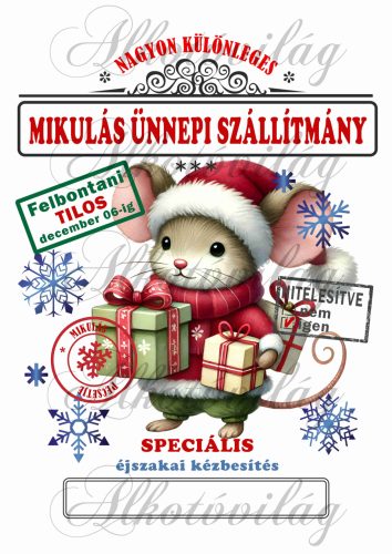 Mikulászsák cuki, kicsi egér ajándékokkal, karácsonyi ruhában - december 06-ra