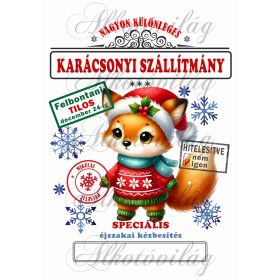   Mikulászsák ártatlan, aranyos róka karácsonyi ruhában, kék sálban - december 24-re