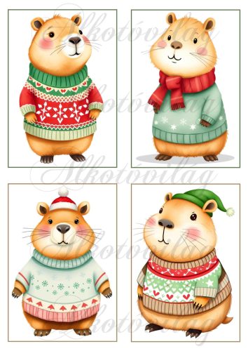Cuki capybara figurák karácsonyi kötött pulcsiban - 13 x 9 cm-es keretben