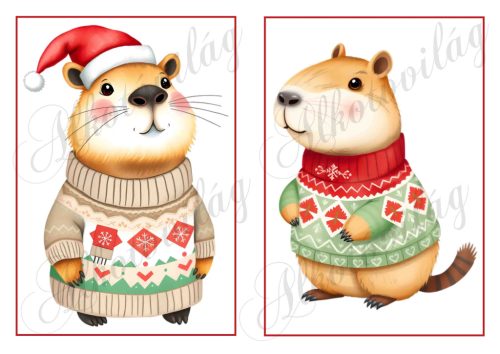 Cuki capybara figurák karácsonyi kötött pulcsiban 19 x 13 cm-es keretben