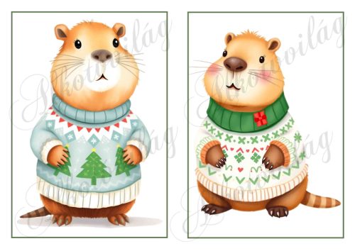 Cuki capybara figurák karácsonyi kötött pulcsiban 2 - 19 x 13 cm-es keretben