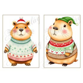   Cuki capybara figurák karácsonyi kötött pulcsiban 3 - 19 x 13 cm-es keretben