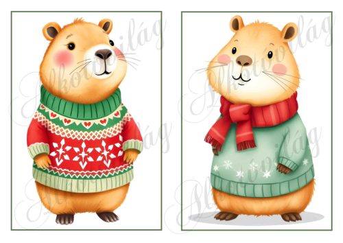 Cuki capybara figurák karácsonyi kötött pulcsiban 4 - 19 x 13 cm-es keretben
