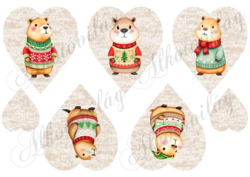 Cuki capybara-k karácsonyi kötött pulcsiban - 10 cm magas barnás - kötött szíveken