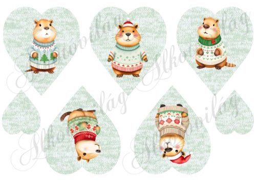 Cuki capybara-k karácsonyi kötött pulcsiban - 10 cm magas zöld - kötött szíveken