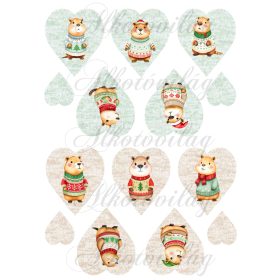   Cuki capybara-k karácsonyi kötött pulcsiban - 7 cm magas zöld és barnás - kötött szíveken