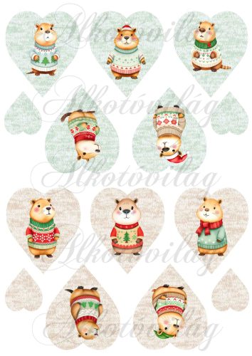 Cuki capybara-k karácsonyi kötött pulcsiban - 7 cm magas zöld és barnás - kötött szíveken