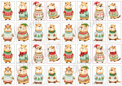 Cuki capybara figurák karácsonyi kötött pulcsiban - 3 x 4,5 cm-es keretben