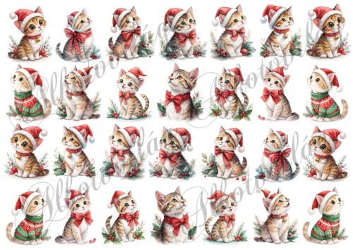 Cuki cicák akvarell stílusban festve, mikulássapkában - kb 4,5 cm magasak