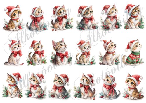 Cuki cicák akvarell stílusban festve, mikulássapkában - kb 5,5 cm magasak