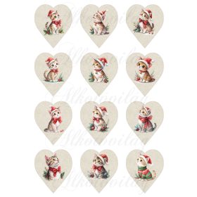   Cuki cicák akvarell stílusban festve, mikulássapkában, 6,5 cm magas szíveken
